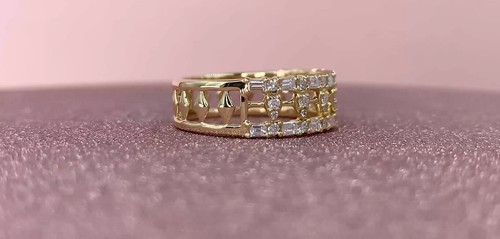 14K Oro Giallo Baguette Diamante Taglio Rotondo Anello Aperto Largo Cocktail Da - Foto 3 di 7