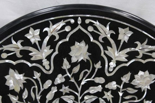 18" Marble table Top semi precious stones pietradura Inlay art With wooden stand - Picture 3 of 4
