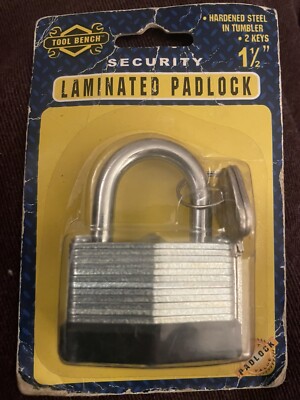 TOOL BENCH   HARDENED STEEL IN TUMBLER   2 KEYS 1.5  SECURITY LAMINATED PADLOCK