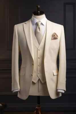 Premium Ivory Three-Piece Suit for Men-Elegant Formal Wear for Weddings Blazer