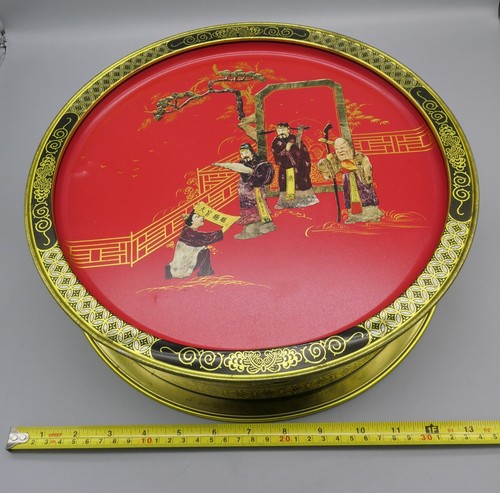 Vintage Asian Tin Box Tray Lid Two Sided T'ang Dynasty Litho Art Red White 13.5" - Picture 23 of 24