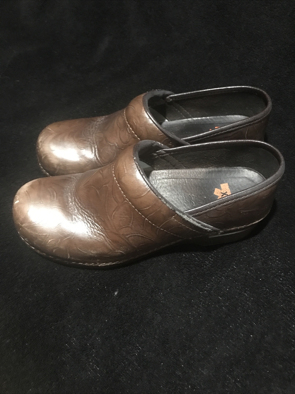 Dansko XP Tooled Floral Leather Brown Slip On Nursing Clogs