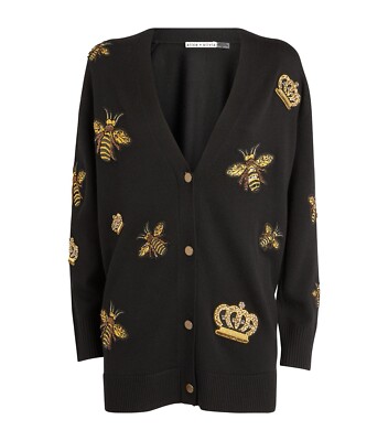 ALICE OLIVIA BRADFORD BEE CROWN BLACK GOLD CARDIGAN SIZE S NWOT