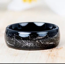 Black Domed Tungsten Ring Imitation Meteorite Inlay Mens Black Wedding Band