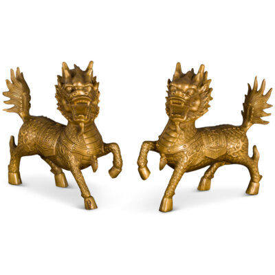 US SELLER - Antique Brass Gold Finish Bronze Kirin Oriental Statue Set