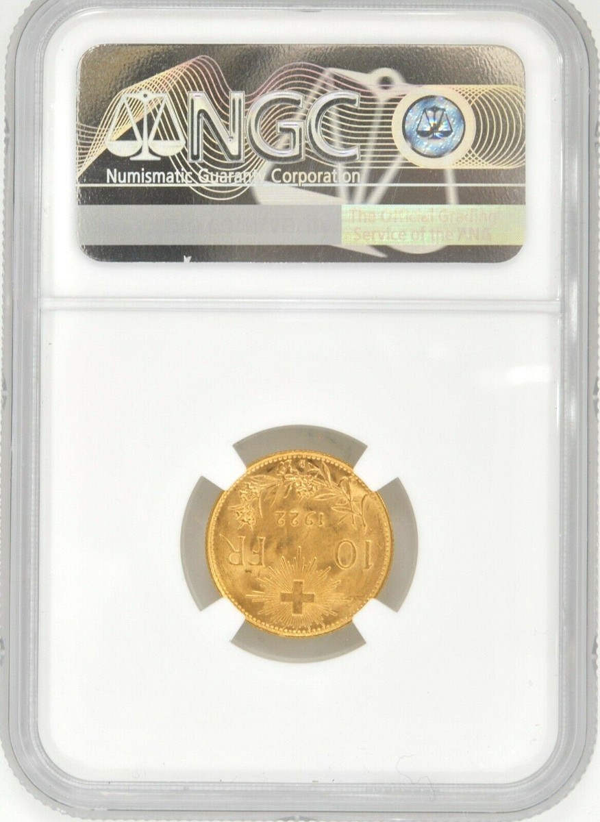 1922 B Switzerland Helvetica 10 Francs Gold Coin NGC MS 65