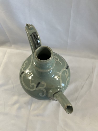 Antique Korean Celadon Wine Ewer Joseon Crane Cloud Teapot No Lid #202 - Picture 7 of 10