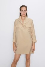 Zara High Collar Shirt Tan Dress, NWT, XS