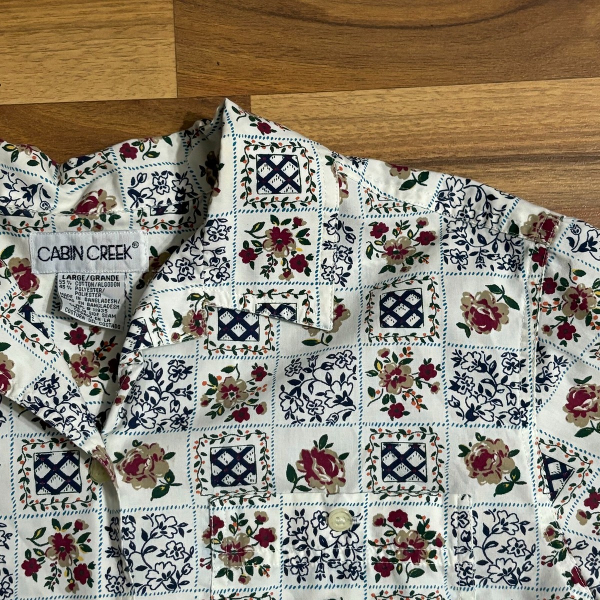 Cabin Creek Blouse Button Dress Shirt White Floral Collar Top