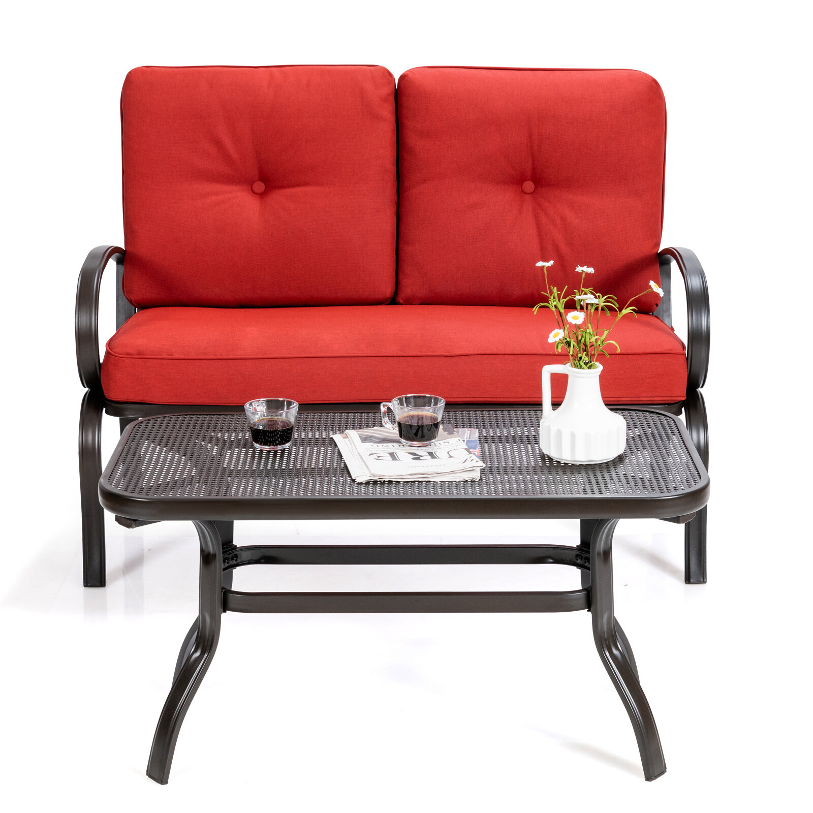 Patiojoy 2 PCS Patio Love Seat Coffee Table Set Bench W/ Cushions Red