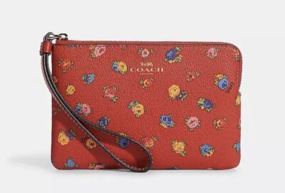 Coach Corner Zip Wristlet With Mini Vintage Rose Print- Miami Red/ FAST SHIPPING
