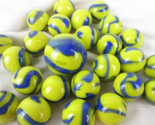 25 Marbles BLUE TANG Blue Stripes Yellow Glass game pack vtg style Shooter Swirl