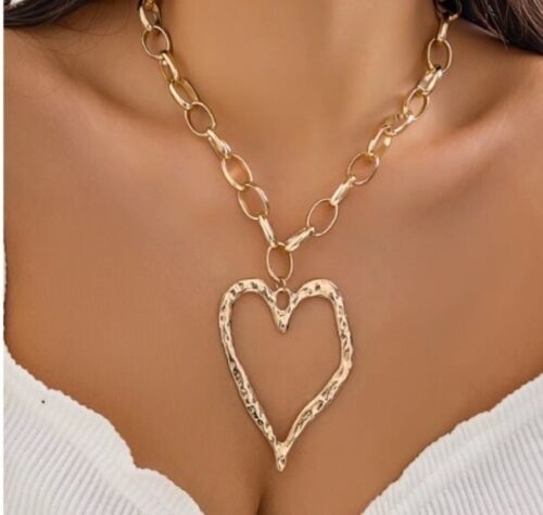 18K Zara Plated Chunky Gold new links large heart necklace chain pendant sale - Picture 5 of 6