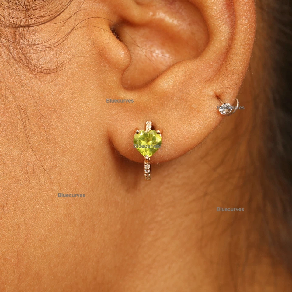 6mm Heart Natural Peridot with Studded Diamond Heart Hoops Earrings 14k Gold - Image 2 of 4
