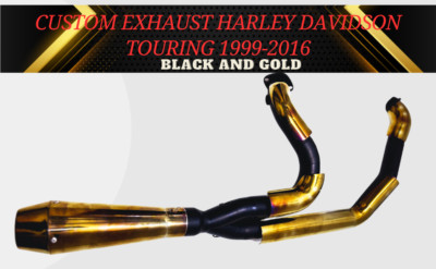 Harley Bagger 2-1 Auspuff Schwarz Gold Touring 1996-2016 Rohr