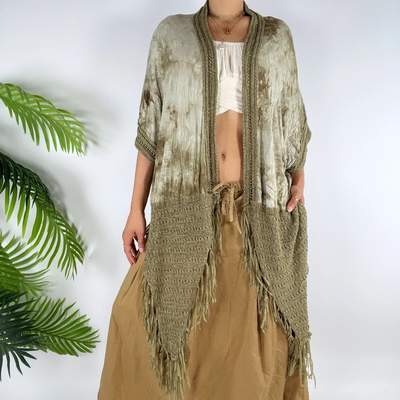 Vintage Green Tie Dye Fairy Bohemian Cottagecore Hippie Crochet Shawl Poncho / P
