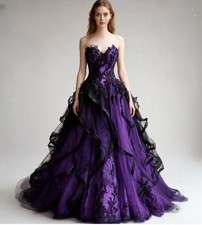 Victorian Gothic Purple Wedding Dress With Black Lace Vintage Bridal Gowns