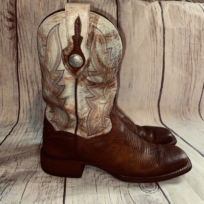 Dan Post Badlands Mens Boots Brown Leather Blue Distressed Sz 8 Buffalo Nickel