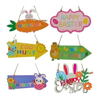 6pcs Happy Easter Wooden Hanging Plaque Bunny Ornaments Door Sign Tree Pendant