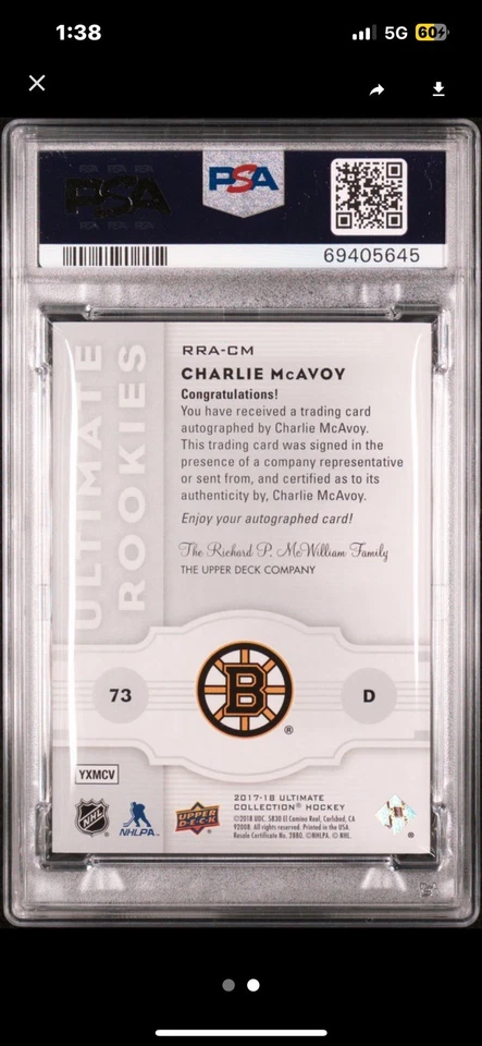 2017-18 Upper Deck Ultimate Charlie McAvoy Ultimate Rookie Auto /199 PSA 9 Pop=5 - Image 2 of 3