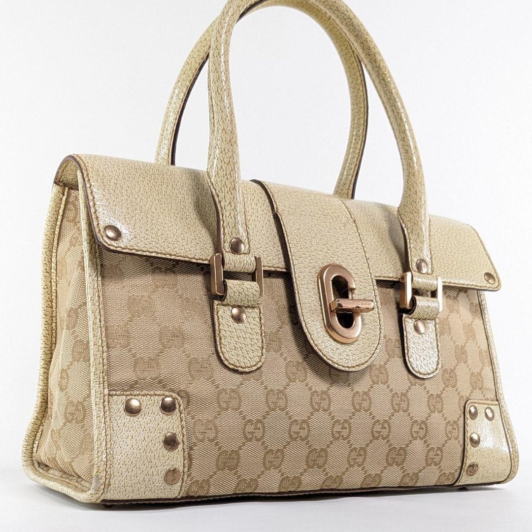 Authentic Gucci GG Canvas Leather Tote Bag in Beige