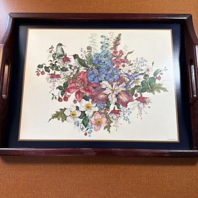 Vtg Pimpernel Serving Tray w/wood Handles Felt Bottom Hummingbirds & Flowers