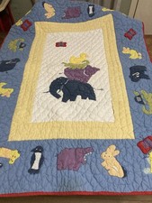 Pottery Barn Kids Crib Quilt Appliqu  Animals Cotton 35x45 Yellow Blue Red Trim