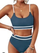 Womens Large High Waisted Bikini Set Adj Straps Ribbed Texture Green White