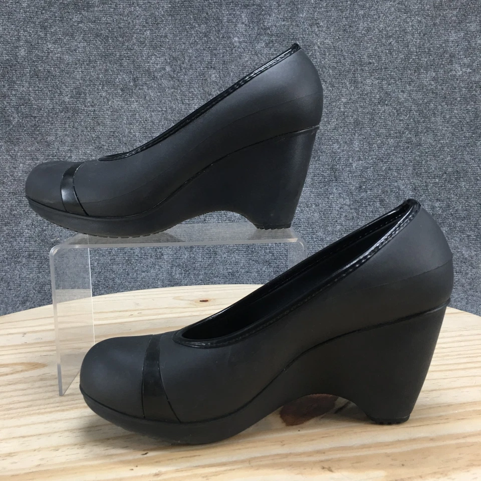Crocs Heels Womens 8 Lena Casual Slip On Comfort Wedge Heel Pumps Black Rubber - Image 2 of 4
