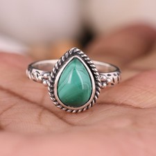 Genuine Malachite Teardrop Gemstone Ring in Sterling Silver For Anniversary Gift
