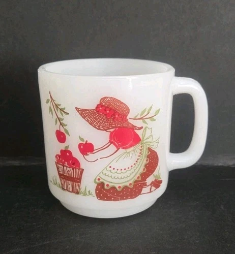 Vintage Mug Glasbake Milk Glass 1977 Lady Picking Apples With Quote.