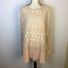 Simply Couture Tunic Top 1XL Woman Pink Chiffon Crochet Knit Sleeve Boho Pleated