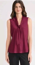 Kasper Womens Blouse Medium Red Satiny Audrey Shiraz Sleeveless V-neck Tie Front