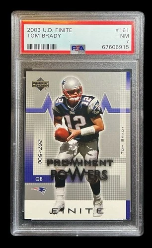 2003 upper deck #161 tom brady; blue finite /500 prominent powers PSA 7