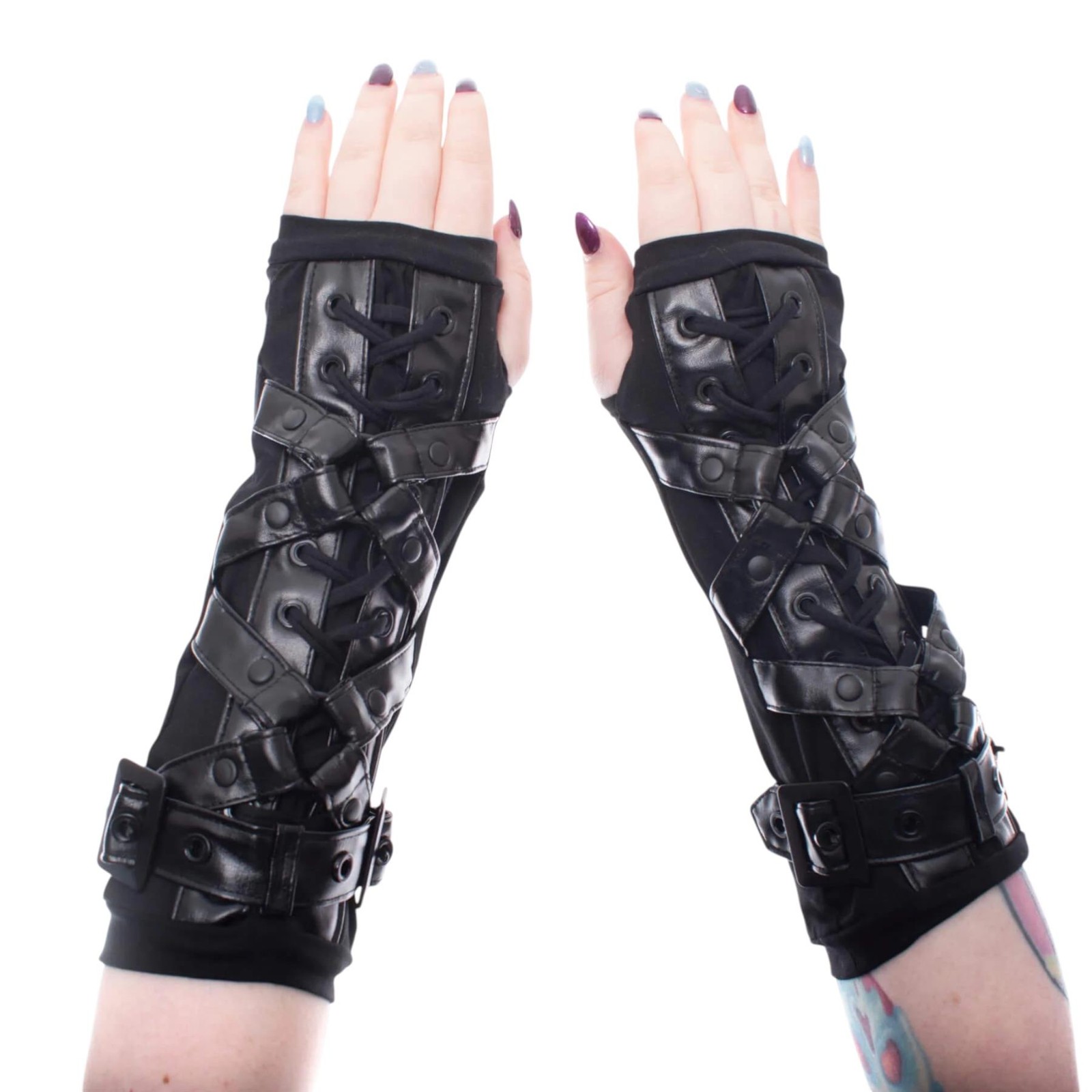 Poizen Industries Asher Armwarmers Black Lace-Up Buckle, Gothic Punk Alt Style