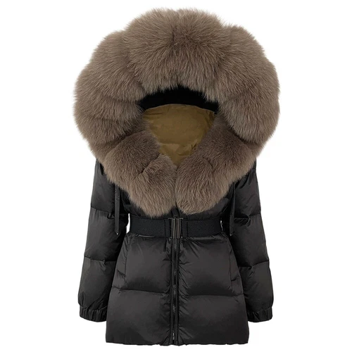 Winterjacke Damen echt Fuchspelz Kapuze dick warm weiß Entendaunenmantel - Bild 2 von 35