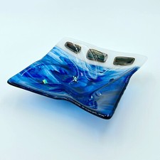 Hand Crafted Fused Glass Trinket Dish in Blue, Brown  White