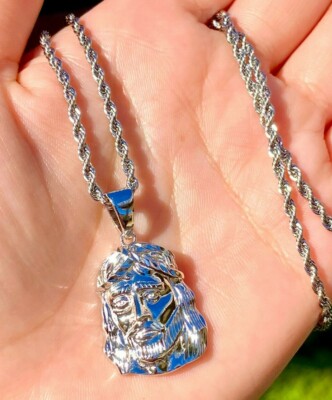 Men Italy Real 925 Sterling Silver Gold Tiny Jesus Piece Head Pendant Rope  Chain