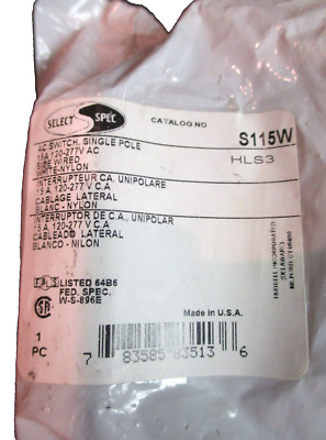 Hubbell Select Spec AC Switch S115W Single Pole 15A - 120-277 VAC White Nylon 