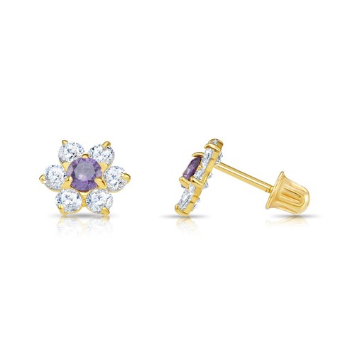 14K Real Solid Gold Flower Halo Birthstone CZ Sleeper Studs Earrings Screw-back - Picture 11 of 31