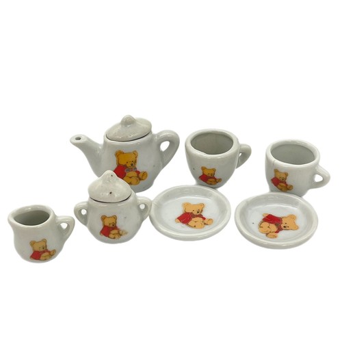 VTG Battat Teddy Bear 7 pc Miniature Porcelain Tea Set Cups Saucers Pot Creamer - Picture 1 of 12