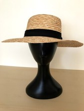 Summer Sun Hat Braided Beige Wide Brim with Black Trim Band One Size