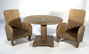 Antique Oak Wooden Toy Doll Pedestal Table Chairs Kitchen Dining