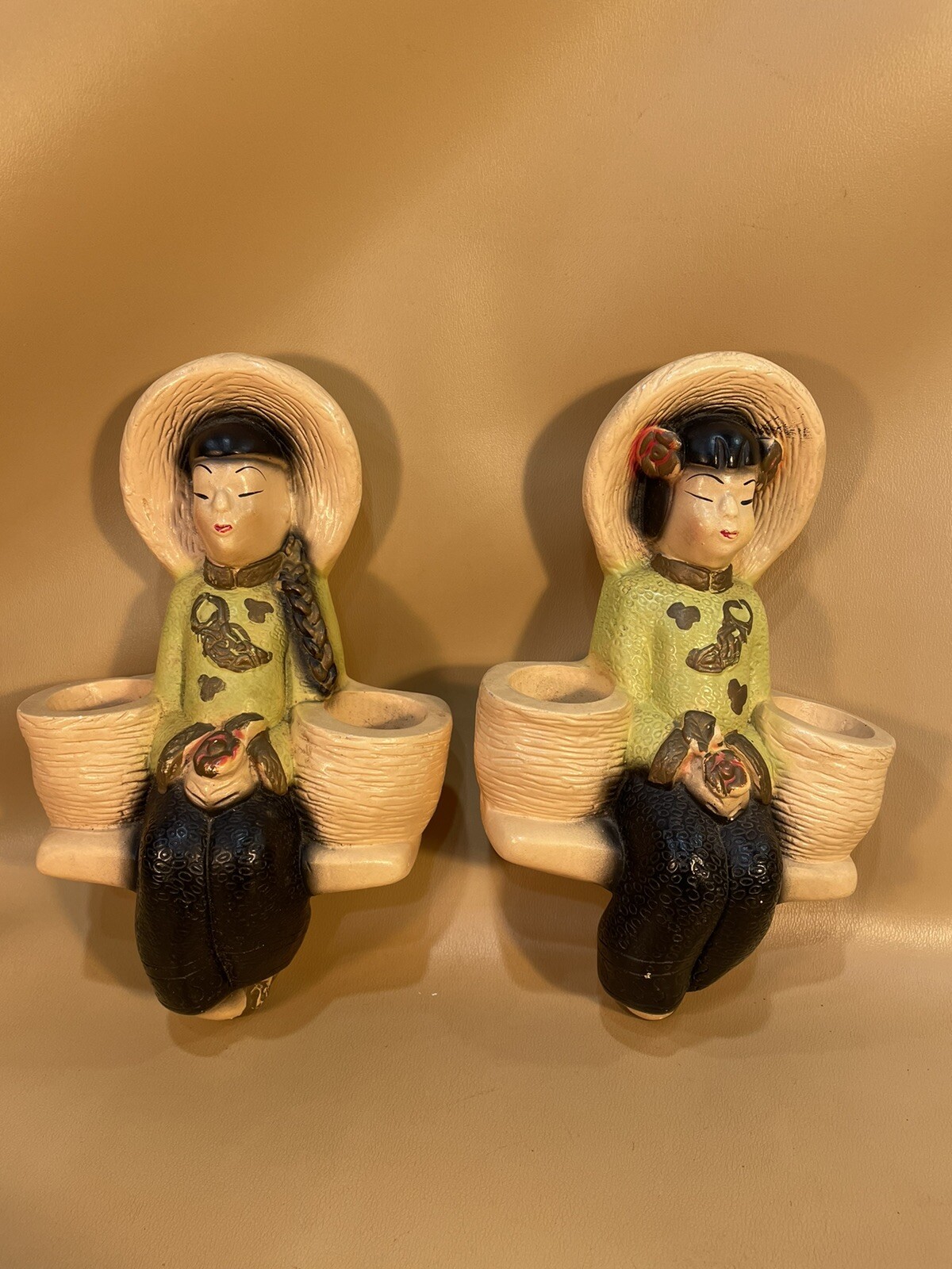 Vintage Pair Chalkware Japanese Figurine Wall Hanging Planters eBay