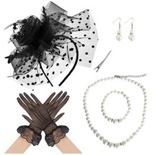 ZCMG Fascinators Hat Pearl Earrings Necklace Bracelets Gloves 1920s Black
