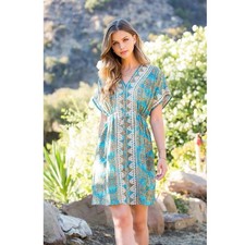 THML womens size S Embroidered printed v-neck dress Tie Waist Boho short sleeve