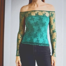Elodie Long Sleeved Off The Shoulder Lace Top Green Medium