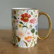 Rifle Paper Co. Strawberry Fields Floral Porcelain Coffee Mug Gold Handle