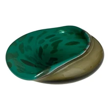 Murano Art Glass Folded Clam Shell Bowl 6.5” Green Gold Aventurine Foil Label