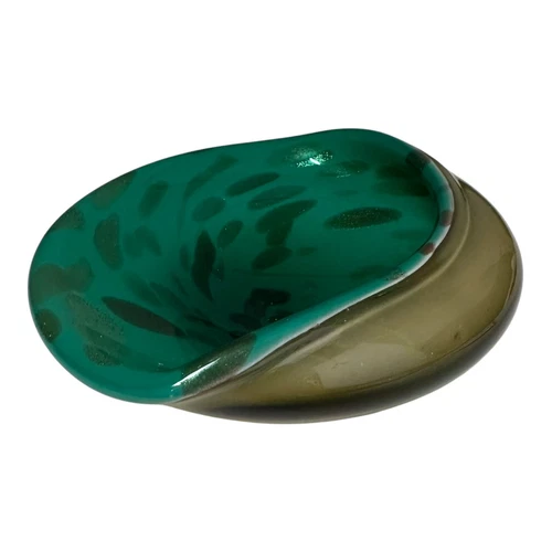 Murano Art Glass Folded Clam Shell Bowl 6.5” Green Gold Aventurine Foil Label